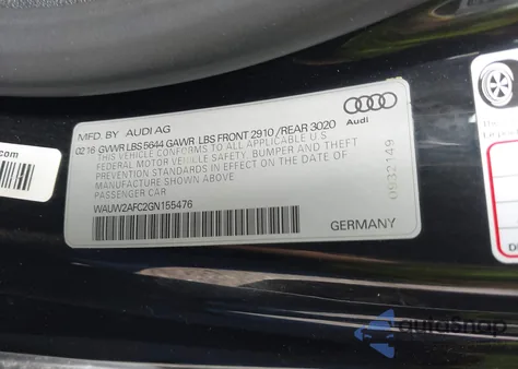 2016 Audi S7 4.0T z USA, uszkodzony, nr VIN WAUW2AFC2GN155476